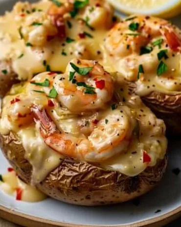 Served seafood stuffed potatoes topped with herbs and spices on a plate.