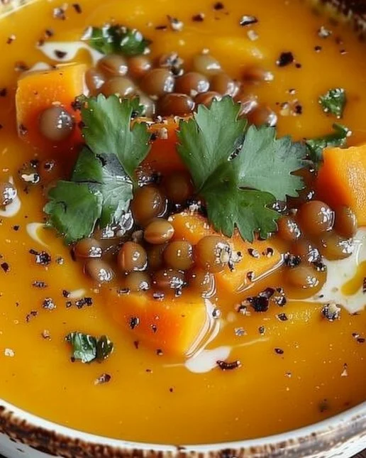 Bowl of spiced carrot and lentil soup garnished with herbs