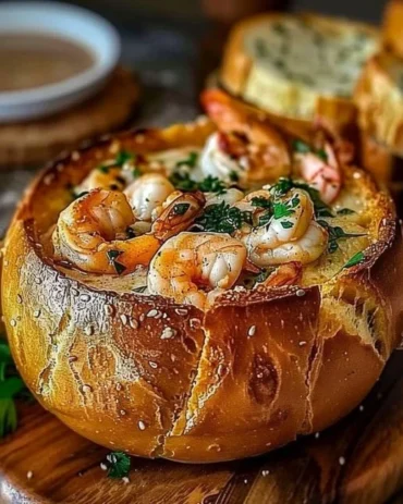 Delicious stuffed seafood bread bowl filled with fresh seafood ingredients.