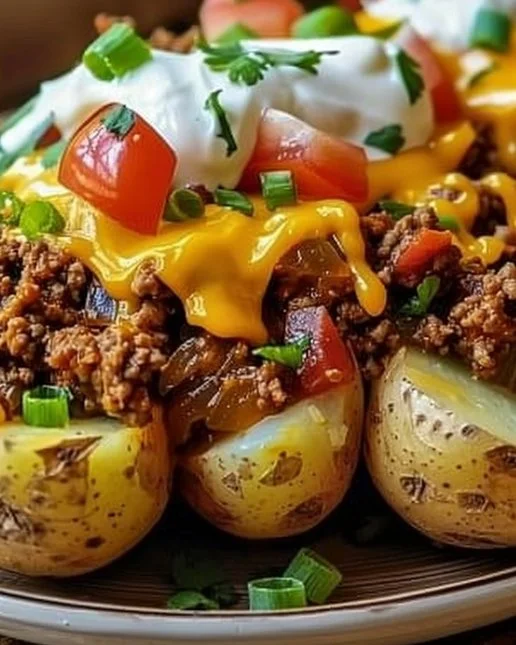 Delicious Taco Baked Potatoes topped with fresh ingredients