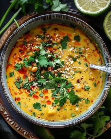 Bowl of Thai coconut red lentil soup garnished with fresh herbs.