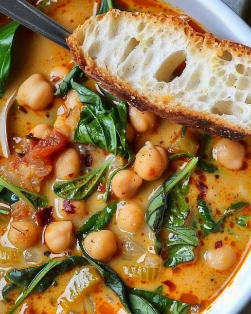 Bowl of hearty Tuscan Garbanzo Bean Soup with fresh herbs and spices
