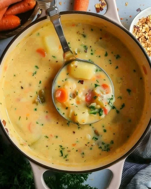 Vegan Carrot Potato Soup 2 Bowl of vegan carrot potato soup garnished with herbs