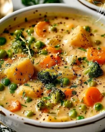Delicious veggie pot pie soup in a bowl, topped with fresh herbs